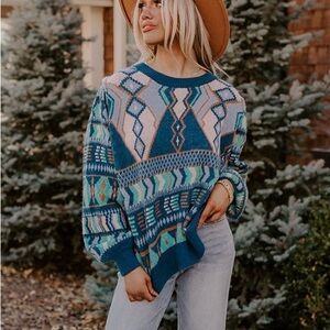 NWT &Merci Alpine Escape Fair Isle Knit Sweater Teal Pink Small
